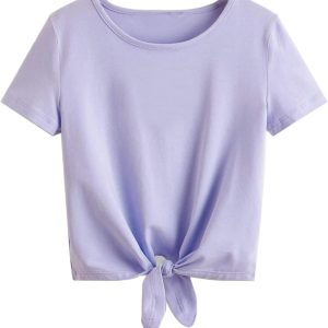 Girls Green Shirts Long Sleeve Crop T-Shirt Casual Tie Hem Tee Tops