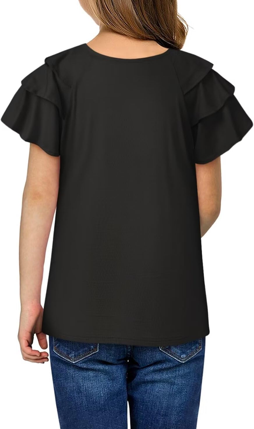 Girls Ruffle Sleeve Shirts Summer Cute Crewneck Blouse Tops 6-15 Years - Image 2
