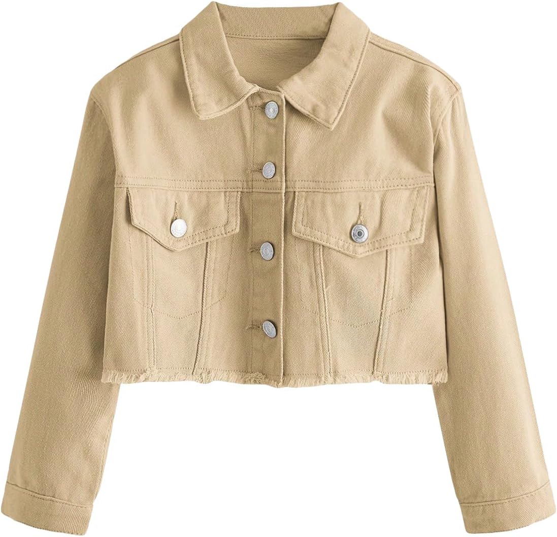 Girls' Frayed Hem Long-Sleeved Denim Jacket