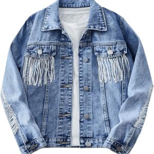 Girls' Long-Sleeved Front Button-Up Denim Jacket