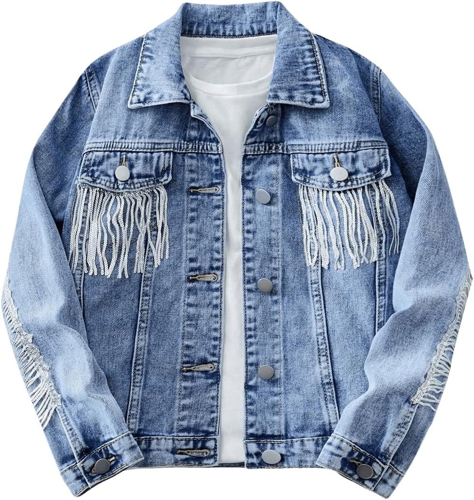 Girls' Long-Sleeved Front Button-Up Denim Jacket