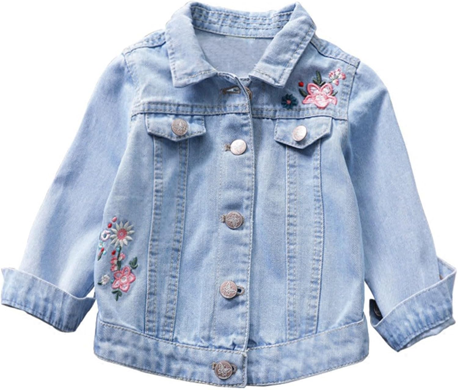 Girls' Embroidered Collared Long-Sleeved Denim Jacket