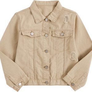 Girls' Ripped Front Button-Up Long-Sleeved Denim Jacket