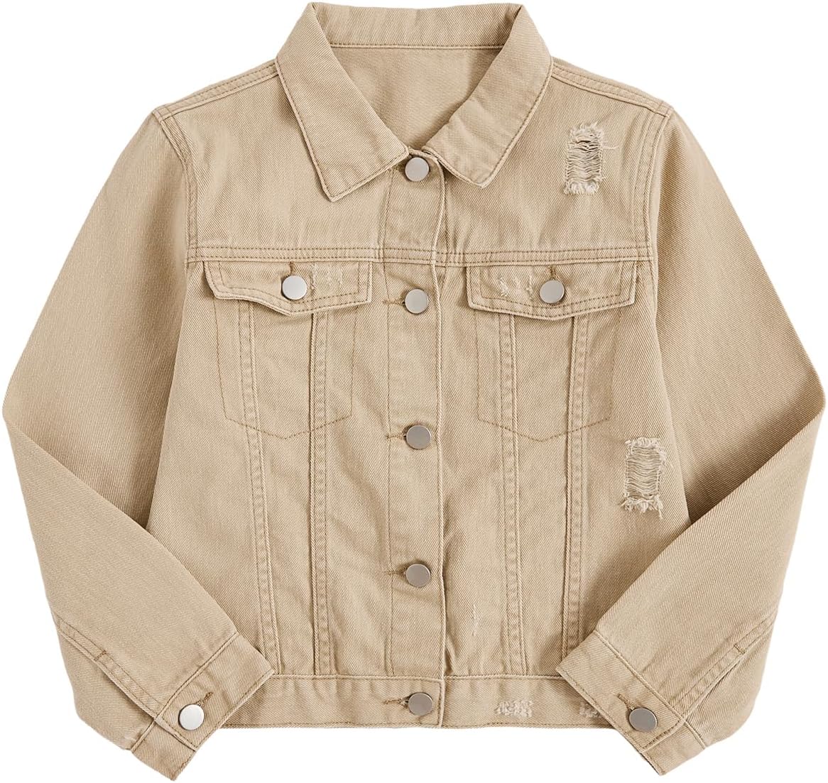 Girls' Ripped Front Button-Up Long-Sleeved Denim Jacket