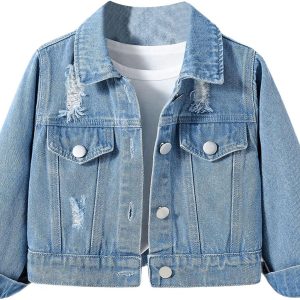 Girls' Ripped Long-Sleeved Denim Jacket