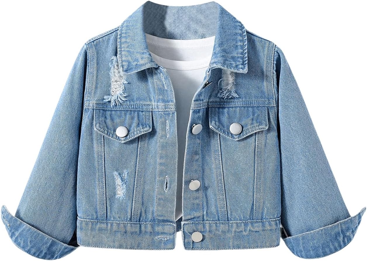 Girls' Ripped Long-Sleeved Denim Jacket