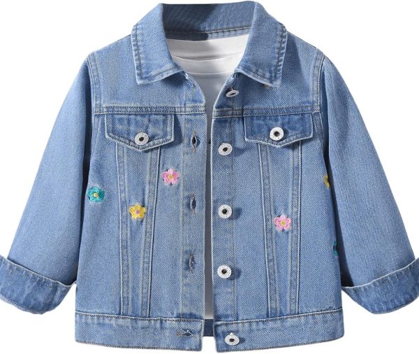 Girls' Floral Embroidered Long-Sleeved Denim Jacket