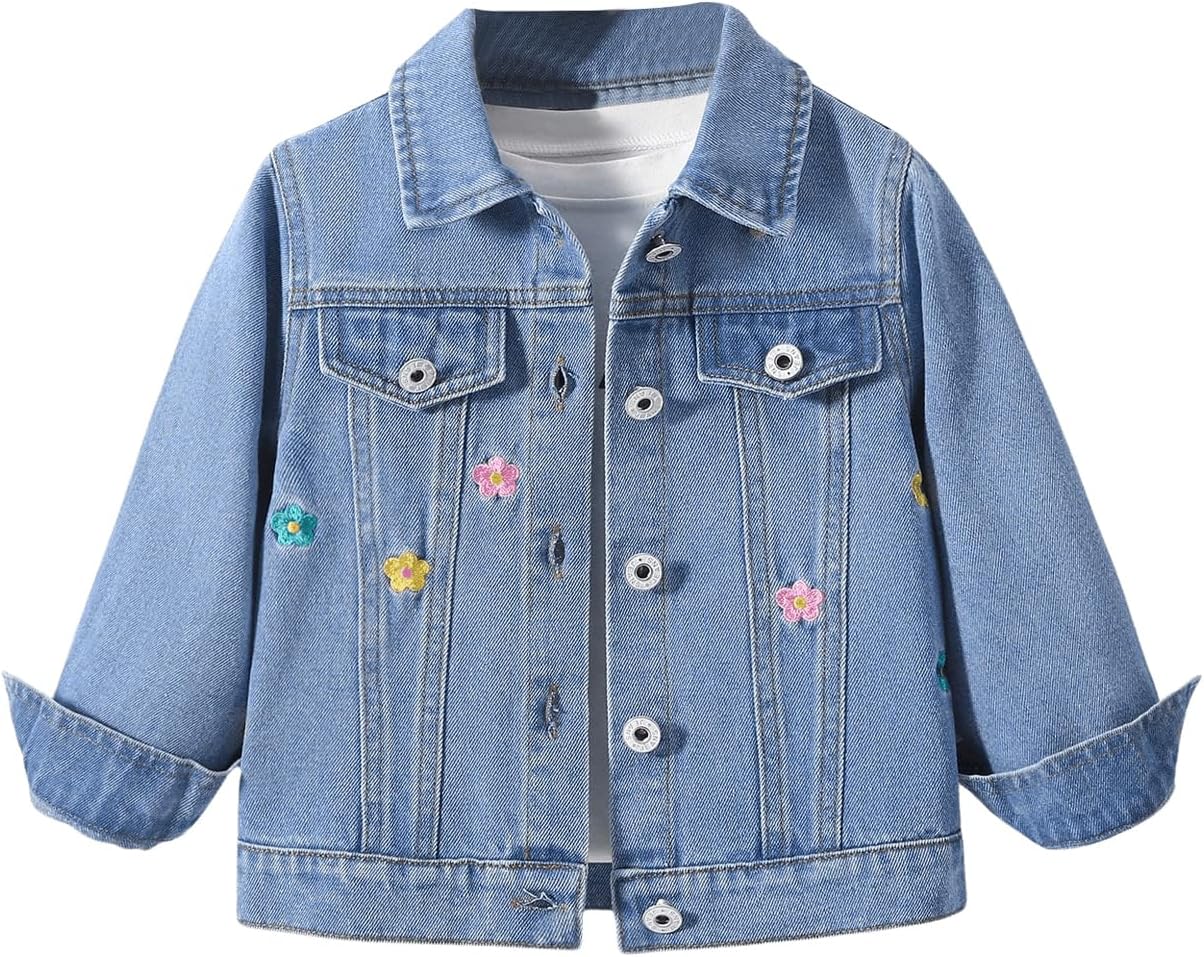 Girls' Floral Embroidered Long-Sleeved Denim Jacket